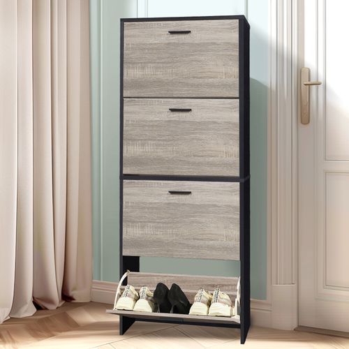 Meuble Rangement Chaussure 24 Paires - Pour Entree Couloir - 60x24x150 Cm - Noir Bois Clair