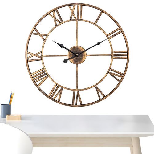 Horloge Murale Rétro 50 Cm Avec Chiffres Romains Et Mouvement Quartz, En Métal, Couleur Marron
