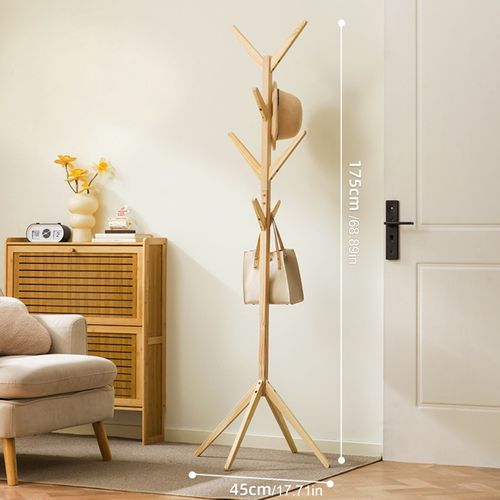 Porte Manteau Sur Pied 45x175 Cm Avec Base Stable, Crochets En Forme De Branches, Bois Naturel