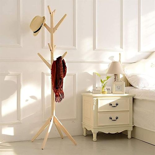 Porte Manteau Sur Pied 45x175 Cm Avec Base Stable, Crochets En Forme De Branches, Bois Naturel