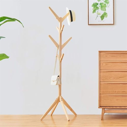 Porte Manteau Sur Pied 45x175 Cm Avec Base Stable, Crochets En Forme De Branches, Bois Naturel