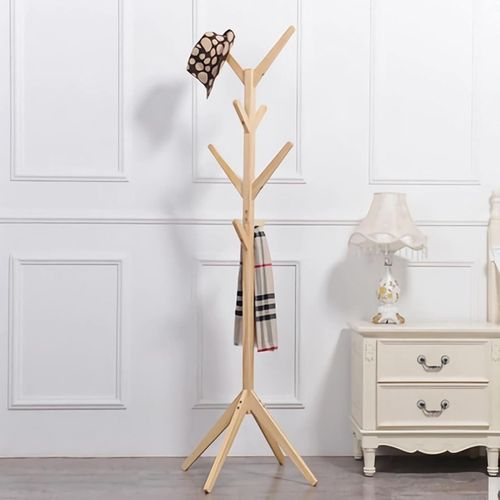 Porte Manteau Sur Pied 45x175 Cm Avec Base Stable, Crochets En Forme De Branches, Bois Naturel