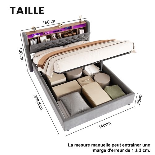 Lit Coffre 140x190 Cm Avec LED, Tête De Lit Rabattable, LED, Prise Intégrée, En Velours, Gris Foncé