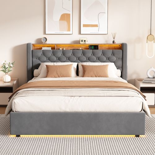 Lit Coffre 140x190 Cm Avec LED, Tête De Lit Rabattable, LED, Prise Intégrée, En Velours, Gris Foncé