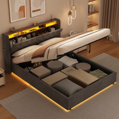 Lit Coffre 140x190 Cm Avec LED, Tête De Lit Rabattable, LED, Prise Intégrée, En Velours, Gris Foncé
