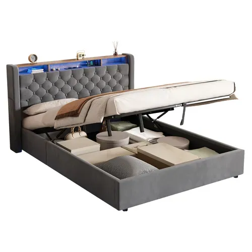 Lit Coffre 140x190 Cm Avec LED, Tête De Lit Rabattable, LED, Prise Intégrée, En Velours, Gris Foncé