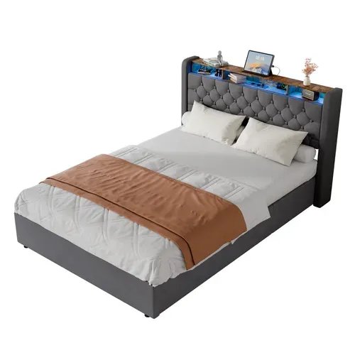 Lit Coffre 140x190 Cm Avec LED, Tête De Lit Rabattable, LED, Prise Intégrée, En Velours, Gris Foncé