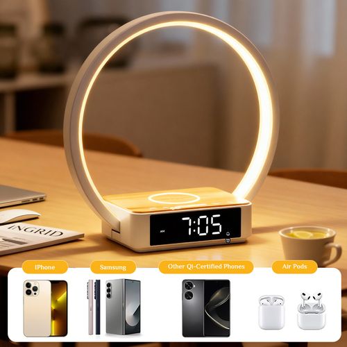 Lampe De Chevet Blanc Avec Alarme, Réveil Lumineux, Et Charge Sans Fil 5w