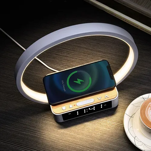 Lampe De Chevet Blanc Avec Alarme, Réveil Lumineux, Et Charge Sans Fil 5w