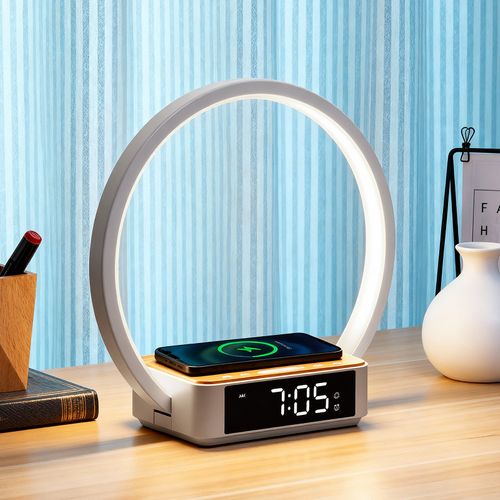 Lampe De Chevet Blanc Avec Alarme, Réveil Lumineux, Et Charge Sans Fil 5w