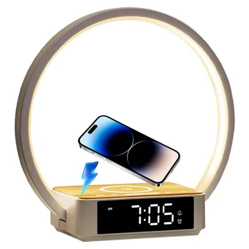 Lampe De Chevet Blanc Avec Alarme, Réveil Lumineux, Et Charge Sans Fil 5w
