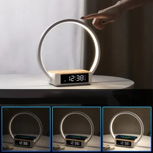 Lampe De Chevet Blanc Avec Alarme, Réveil Lumineux, Et Charge Sans Fil 5w
