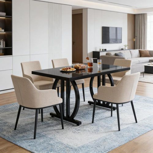 Table De Salle à Manger Rectangulaire 160x80x75 Cm, Plateau En Mdf, Pieds En Métal, Noir