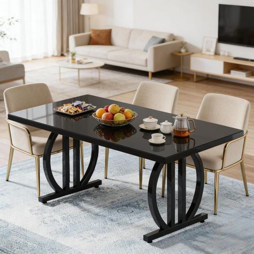 Table De Salle à Manger Rectangulaire 160x80x75 Cm, Plateau En Mdf, Pieds En Métal, Noir