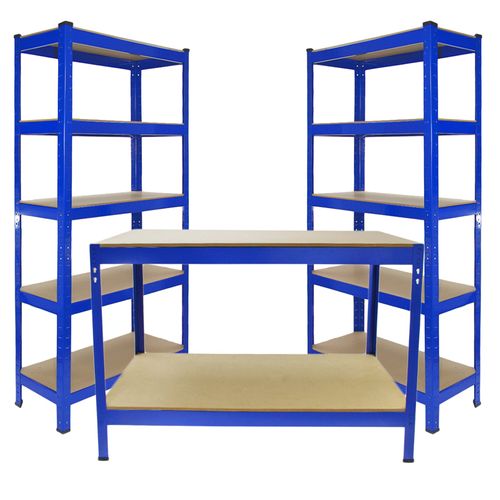 2 X Rayonnage T-rax 90cm Bleu et Etabli De Travail Q-rax Bleu 120 Cm Acier Garage