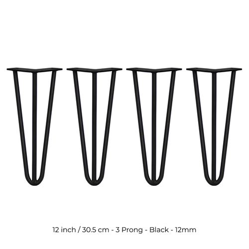 4 Pieds Table En épingle À Cheveux Skiski Legs 30,5cm Acier Noir 3 Tiges 12mm