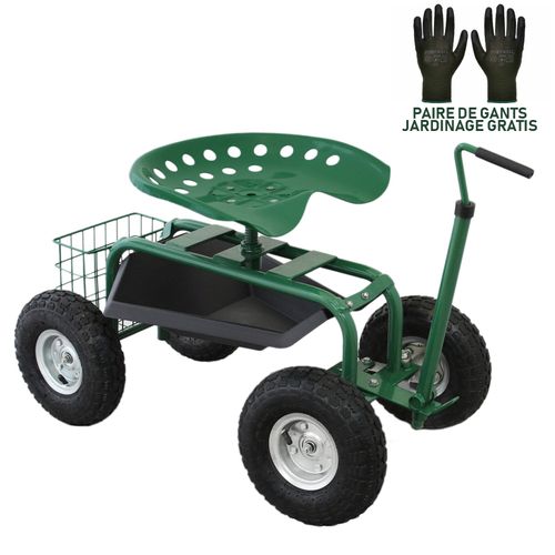 Siège Pour Jardin Robuste Mobile Vert Avec Panier Et Bac À Outils / Gants Gratis