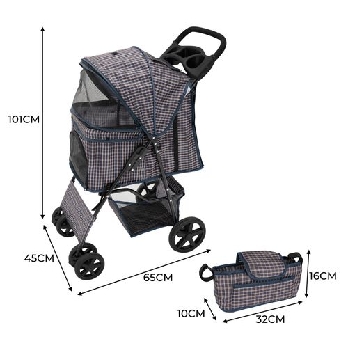 Poussette Pour Animal De Compagnie et Sac Caddy – Tartan Bleu