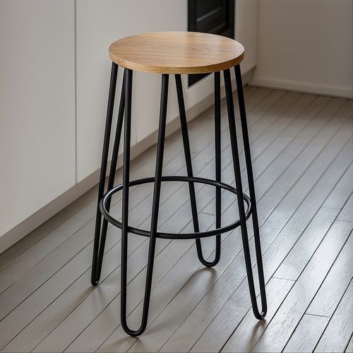 Tabouret De Bar Hairpin 66 Cm - Bois Clair Et Métal Gris Foncé