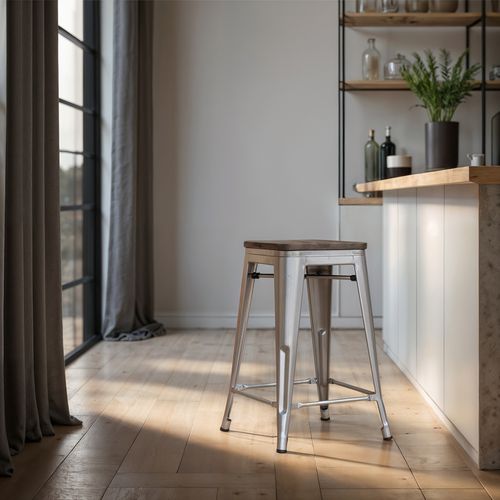 Tabouret De Bar - Design Industriel - Bois Et Acier - 60cm -metalix Vert Pâle