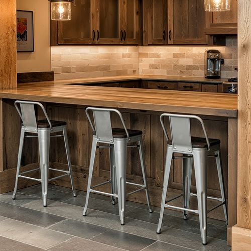 Tabouret De Bar Design Industriel Avec Dossier - Bois Et Acier - 60 Cm - Metalix Orange Pâle