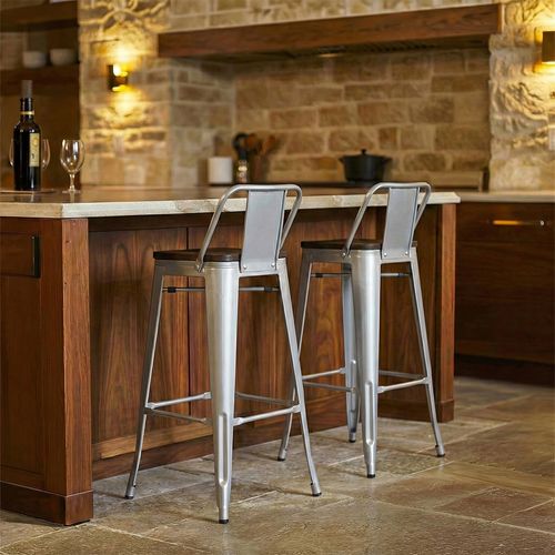 Tabouret De Bar Design Industriel Avec Dossier - Bois Et Acier - 76cm - Metalix Violet Pastel