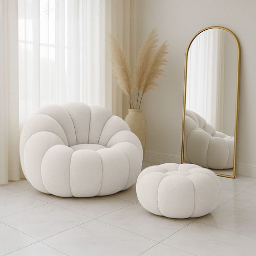 Fauteuil Pouf En Bouclette Fausse Fourrure Tapissée - Boucles Blanches - Calera Blanc