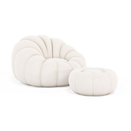 Fauteuil Pouf En Bouclette Fausse Fourrure Tapissée - Boucles Blanches - Calera Blanc
