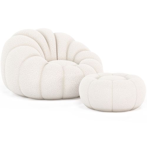 Fauteuil Pouf En Bouclette Fausse Fourrure Tapissée - Boucles Blanches - Calera Blanc