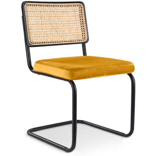 Chaise De Salle à Manger - Tapissée En Velours - Bois Et Rotin - New Edition - Nema Moutarde