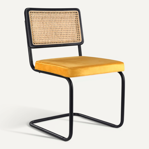 Chaise De Salle à Manger - Tapissée En Velours - Bois Et Rotin - New Edition - Nema Moutarde