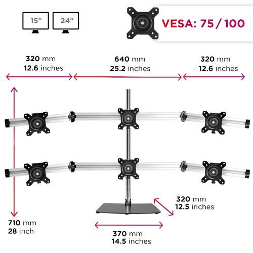 Dm756 Support Sextuple 6 écrans Sur Socle - Hauteur Ajustable - Potence De 70 Cm - Vesa 75/100