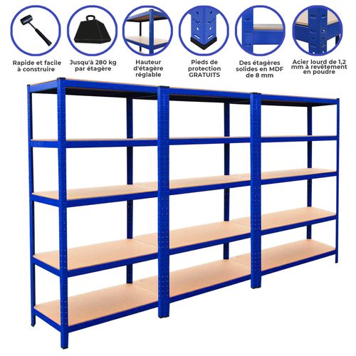 Monster Racking - 3 Rayonnages Bleus Acier Avec 5 étagères 90cm X 180cm X 45cm