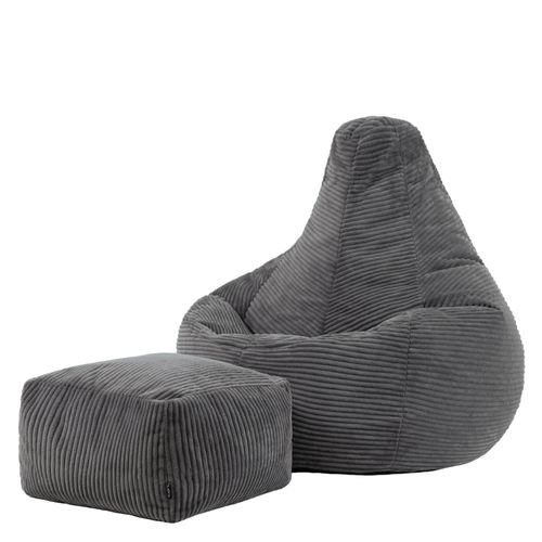 Pouf Poire Dalton à Dossier Haut Avec Repose-pied Velours Côtelé Gris Foncé, 84x73cm