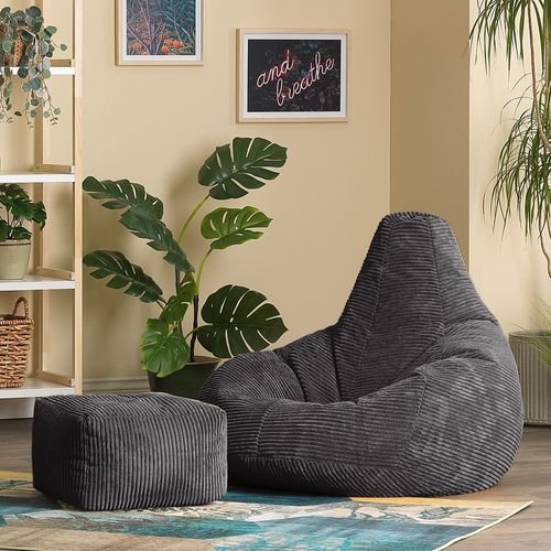 Pouf Poire Dalton à Dossier Haut Avec Repose-pied Velours Côtelé Gris Foncé, 84x73cm