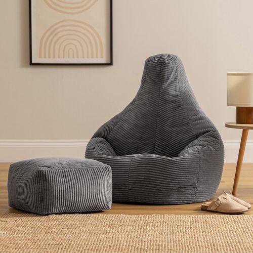 Pouf Poire Dalton à Dossier Haut Avec Repose-pied Velours Côtelé Gris Foncé, 84x73cm
