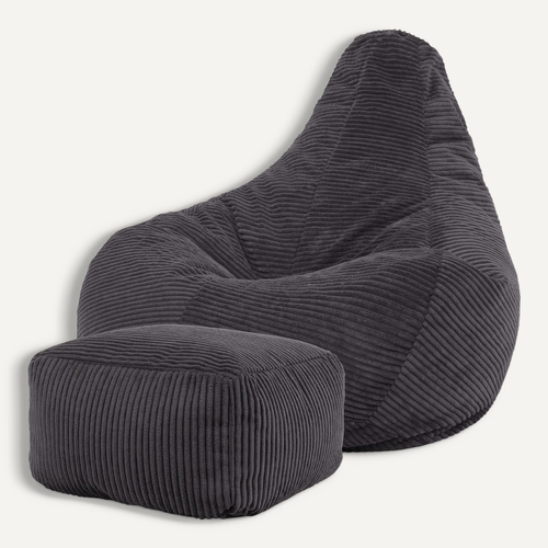 Pouf Poire Dalton à Dossier Haut Avec Repose-pied Velours Côtelé Gris Foncé, 84x73cm