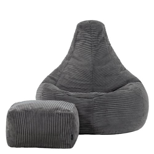Pouf Poire Dalton à Dossier Haut Avec Repose-pied Velours Côtelé Gris Foncé, 84x73cm
