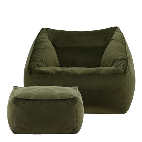 Pouf Fauteuil Natalia Avec Repose-pied Carré Velours Vert Olive, 88 X 100cm