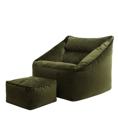 Pouf Fauteuil Natalia Avec Repose-pied Carré Velours Vert Olive, 88 X 100cm