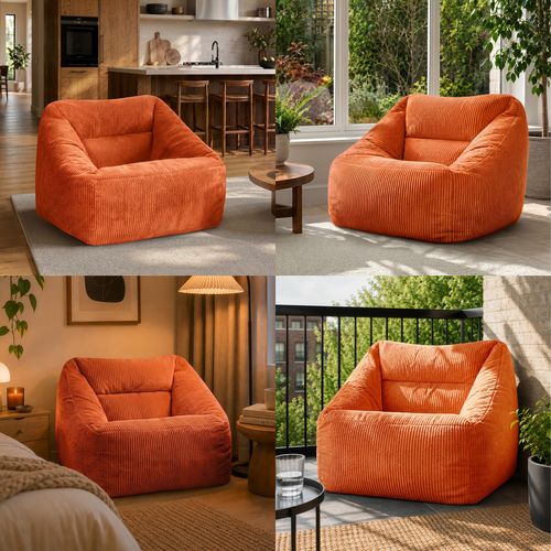 Pouf Fauteuil Poire Natalia Velours Côtelé Orange Terracotta, Salon Et Chambre, 97x84x73cm