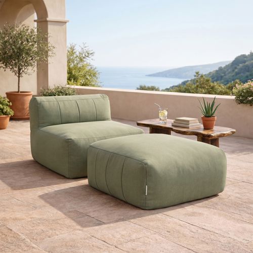 Pouf Canapé De Jardin Modulable Zen 2 Places En Oléfine Imperméable, Vert Sauge