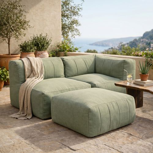 Pouf Canapé De Jardin Modulable Zen 3 Places En Oléfine Imperméable, Vert Sauge