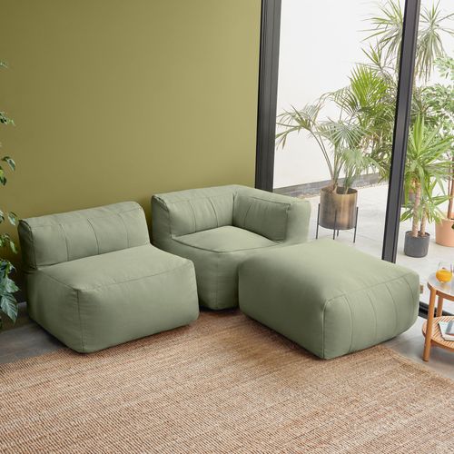 Pouf Canapé De Jardin Modulable Zen 3 Places En Oléfine Imperméable, Vert Sauge