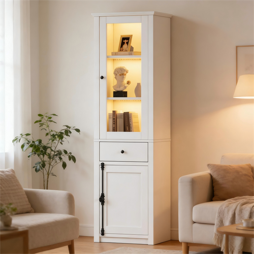Vitrine Avec LED, 2 Portes Et Tiroir, Blanc