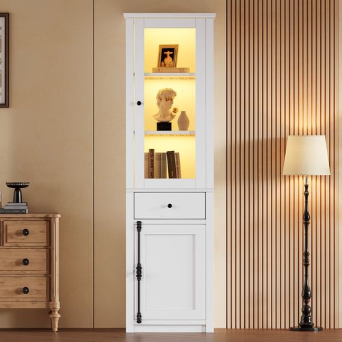 Vitrine Avec LED, 2 Portes Et Tiroir, Blanc