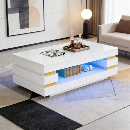 Table Basse 100 Cm Avec LED Et Rangement, Blanc
