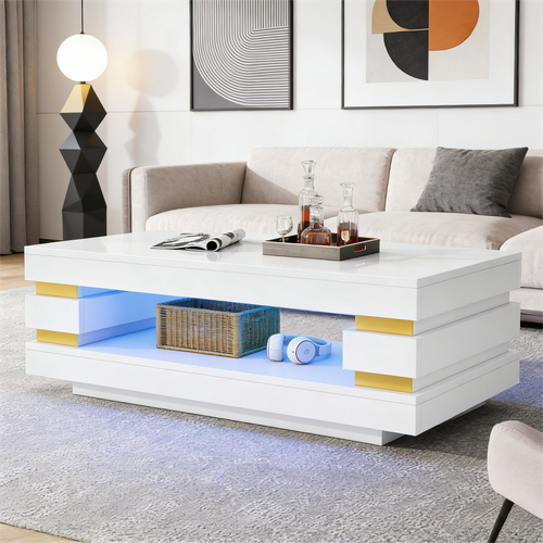 Table Basse 100 Cm Avec LED Et Rangement, Blanc