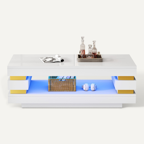 Table Basse 100 Cm Avec LED Et Rangement, Blanc