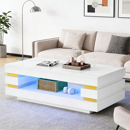 Table Basse 100 Cm Avec LED Et Rangement, Blanc